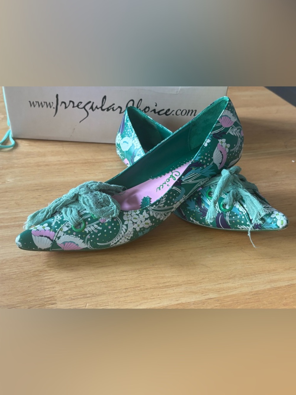 Irregular Choice green  Floral Pointed Lace-Up Flats, excellent condition; IOB